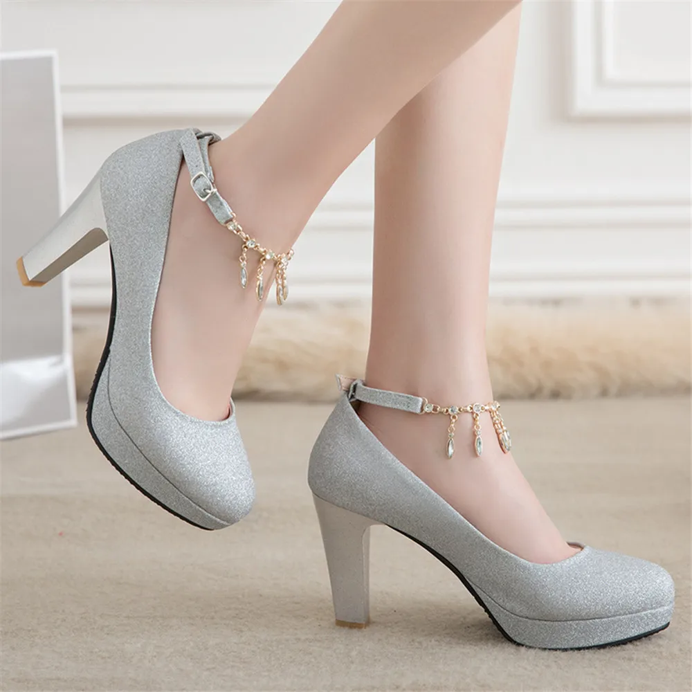 Spring Gold High Heels Platform Woman Pumps Autumn 2023 Luxury Crystal Ankle Ctrap Wedding Shoe Tacones Mujer Silver Pink 31-43