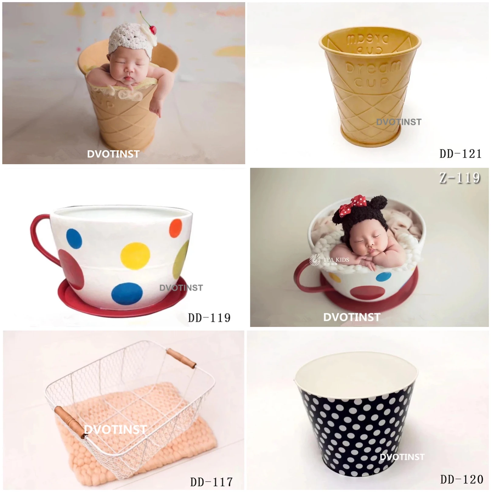 Dvotinst Newborn Photography Props Iron Creative Posing Bucket Coffee Cup Icecream for Baby Photo Shoot Accessories Studio Props