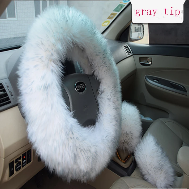 3PCS Long Wool Sheepskin Steering Wheel Cover Set Real Fur Auto Plush Warm Fluffy Fuzzy Car Accessories For Women Girl