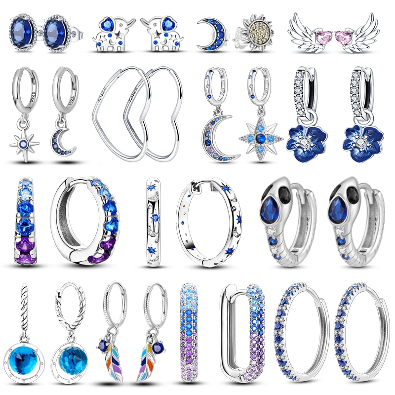 100% 925 Sterling Silver Earrings Moon Star Pave CZ U Shape Blue Zircon Jewelry For Women Sparkling Hoop Earrings Wedding
