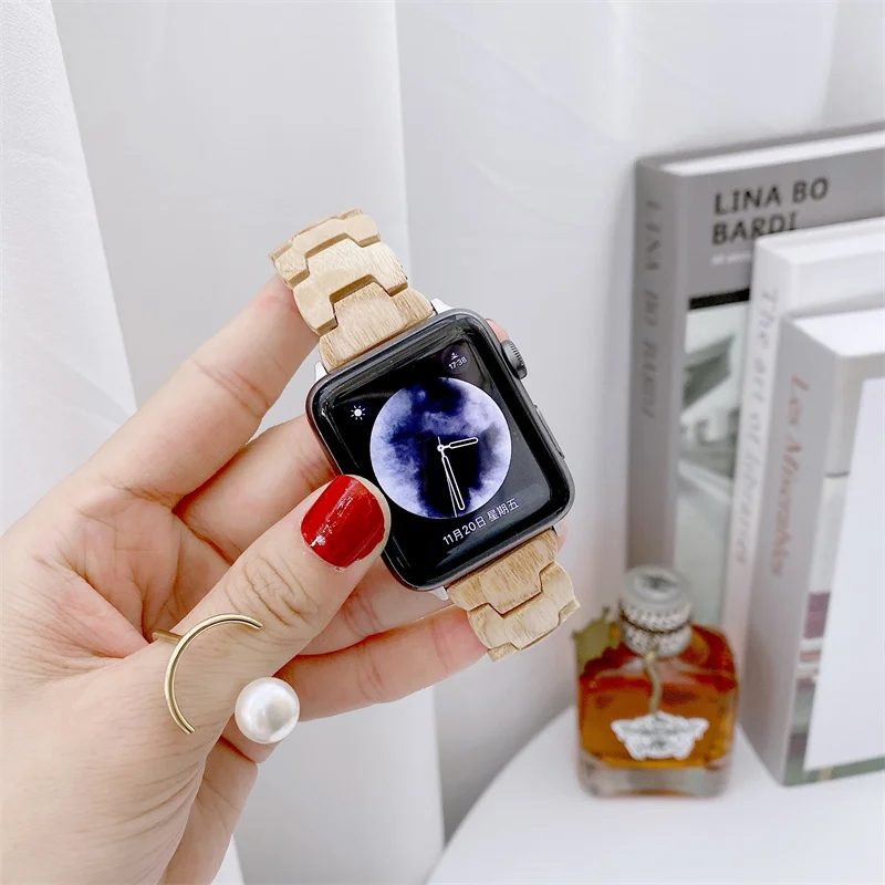 Natural Wooden Strap For Apple Watch Band Series 8 7 6 5 4 SE Link Bracelet For Iwatch 41mm 45mm44mm 40mm 42mm 38mm Luxury Loop