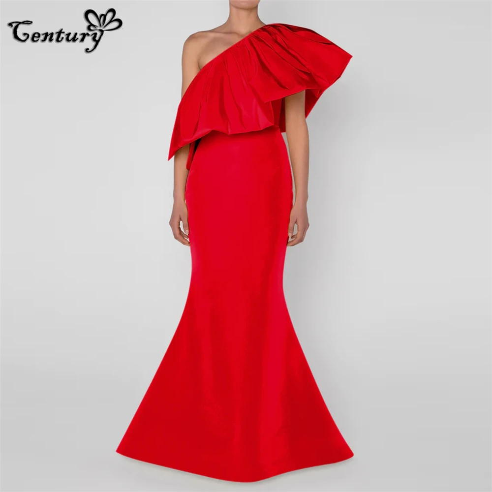 

Satin Red Prom Dress Long 2023 One Shoulder Pleats Mermaid Evening Party Gowns Formal Wear Robe De Soiree Vestido Largo