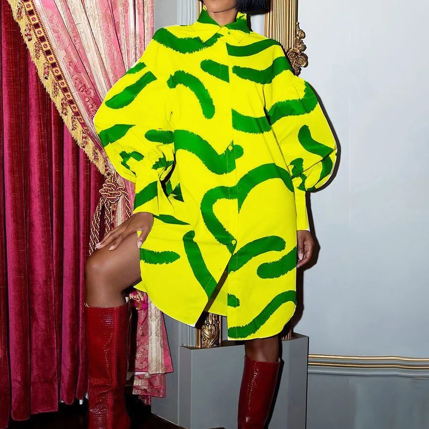 

Женское свободное платье-рубашка, свободные платья-блузки с рукавами-фонариками и принтом, одежда свободного покроя 2022, нечеткое женское пл...