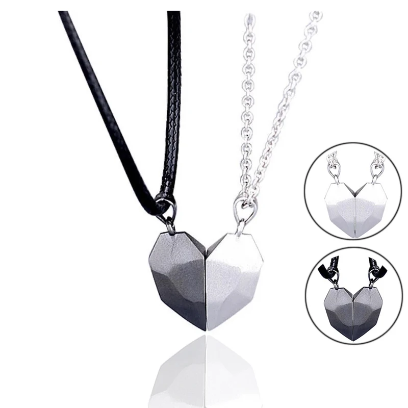 

2Pcs/set Magnetic Couple Necklace Lovers Heart Black Red White Pendant Distance Faceted Charm Necklace Women Valentines Day Gift