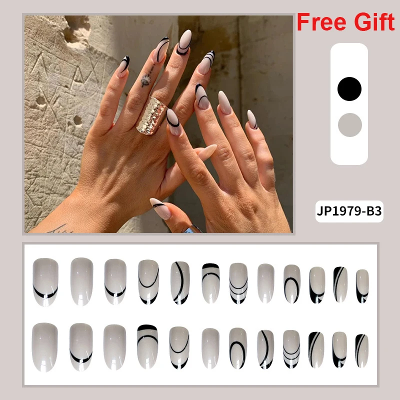 

24pcs fake nails set press on faux ongles false French art long acrylic nail Oval shape design with jelly glue DIY manicure tips