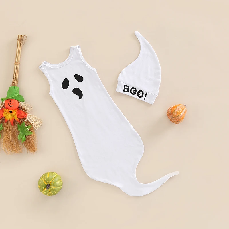 

Halloween Newborn Baby Girls Boys Romper Sleeping Bag 2pcs Sleeveless Ghost Printed Jumpsuit+Hat