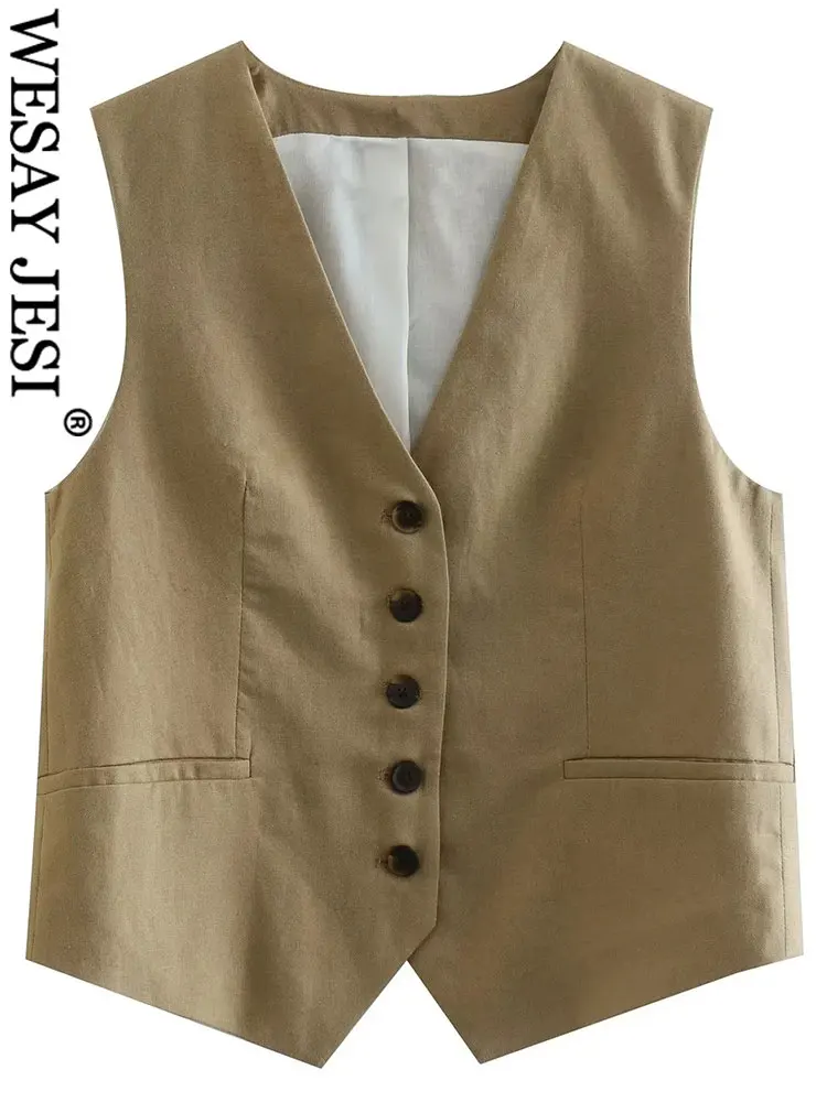 

WESAY JESI Fashion Women's V Neck Linen Vest Coat Solid Color Simple Single Breasted Slim Waistcoat Female Sleeveless Outerwear