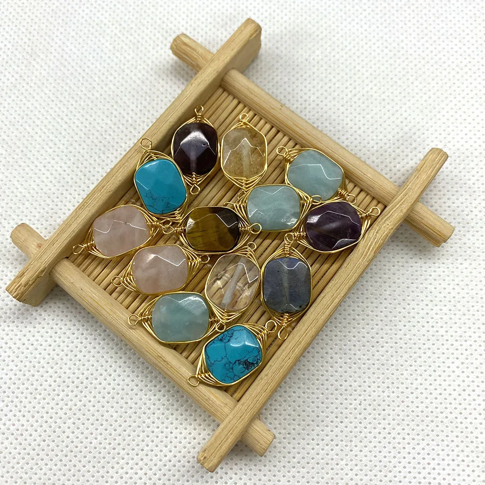 

1pcs Natural Stone Turquoise Crystal Tiger Eye Stone Agate Exquisite Two-hole Connector Pendant for DIY Fashion Bracelet Making