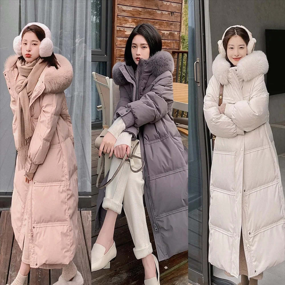 DEODAR Winter Warm Women Long Down Jacket Natural Fur Collar Hooded Parkas 90% White Duck Coat Thickness Windproof Outwear