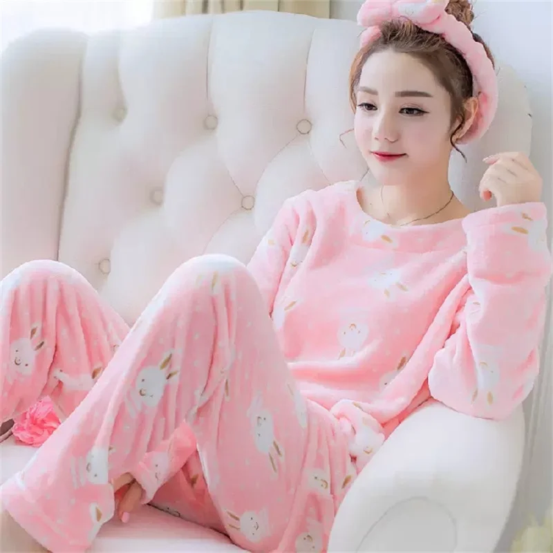 Pajamas Set Sexy Sleepwear For Women Pink Cartoon Sweet Pyjama Women's Flannel Winter 2022 Fashion Homewear Clothes Big Size