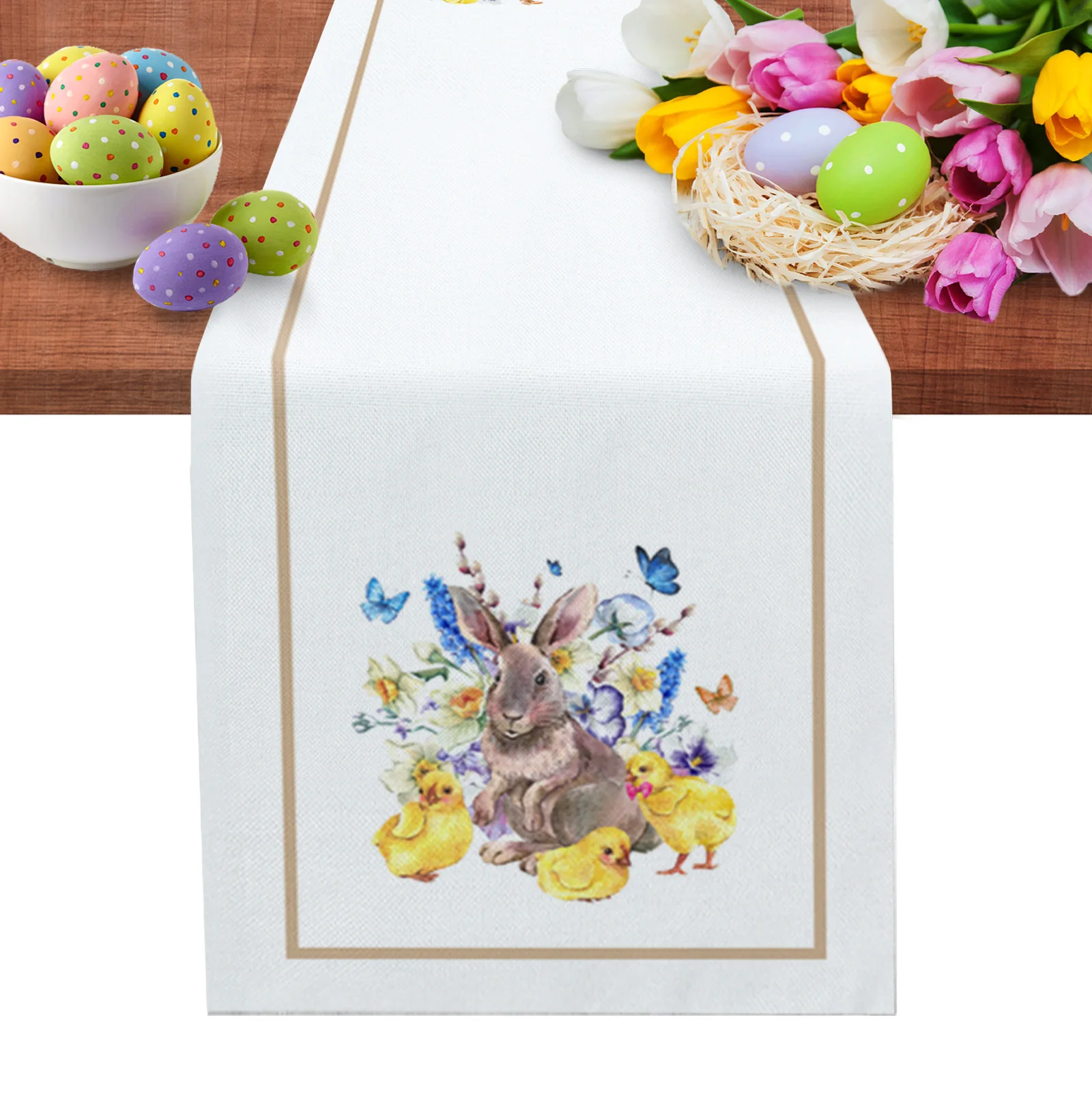 

Spring Animal Bunny Chick Butterfly Flower Rabbit Table Runner Wedding Party Decorations for Home Gift Favor Placemat Tablecloth