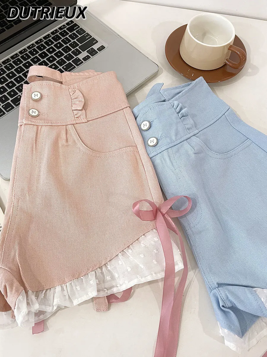 2023 New Summer Sweet Bow Stitching Women's Casual Shorts Pants Contrast Color A- Line High Waist Slimming Pink Denim Shorts