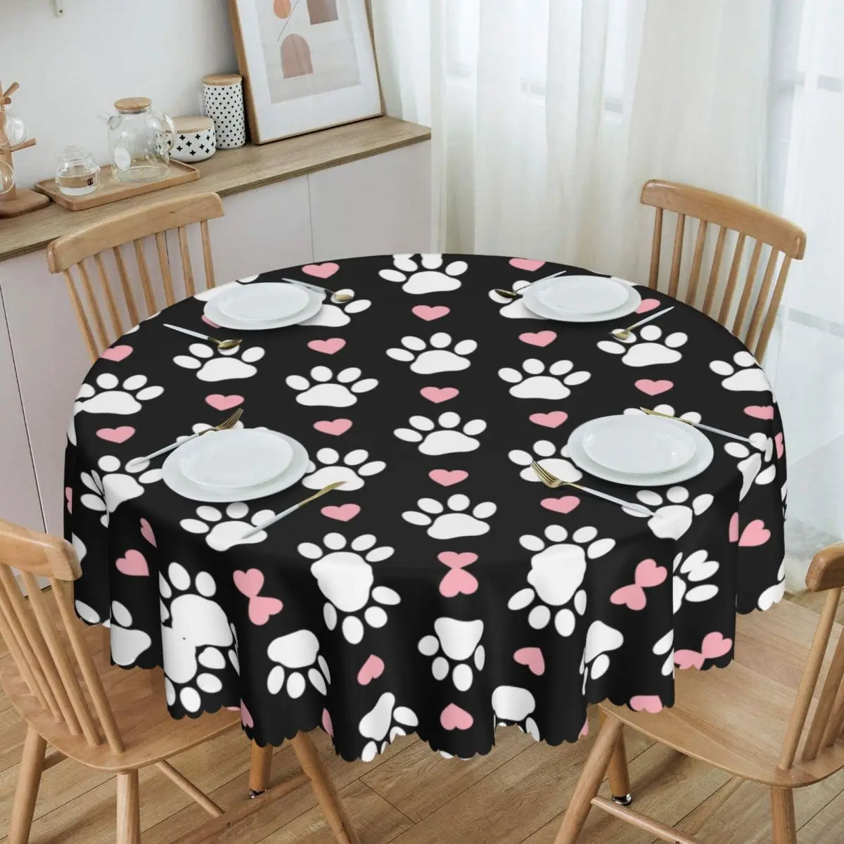 

Round Pattern Of Paws White Dog Paw Paw Tablecloth Waterproof Oil-Proof Table Covers Pretty Pink Hearts Puppy Table Cloth