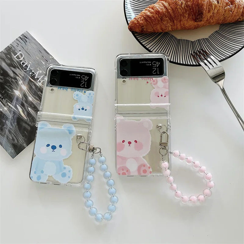 

Cartoon Cute Pink Blue Bear Pendant Phone Case for Samsung Galaxy Z Flip 4 3 Hard Cover for ZFlip3 Zflip4 Solid Shell Bracket