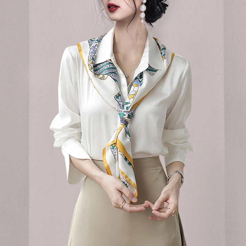 

Chiffon Women's Blouses Polo Summer Long Sleeve Top Loose Print Fashion Casual Spring Lady Clothing Houthion