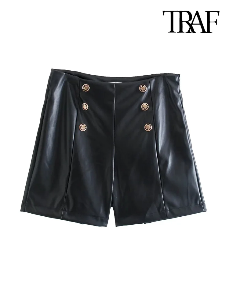 

TRAF Women Fashion Front Buttons Faux Leather Shorts Vintage High Waist Side Zipper Female Short Pants Mujer
