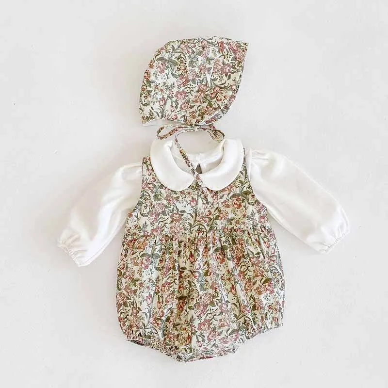 

Autumn Floral Baby Girl Romper Clothes Cute Korean Baby Jumpsuit Cotton sleeveless romper+T-shirt+Hat 3pcs Newborn Clothes