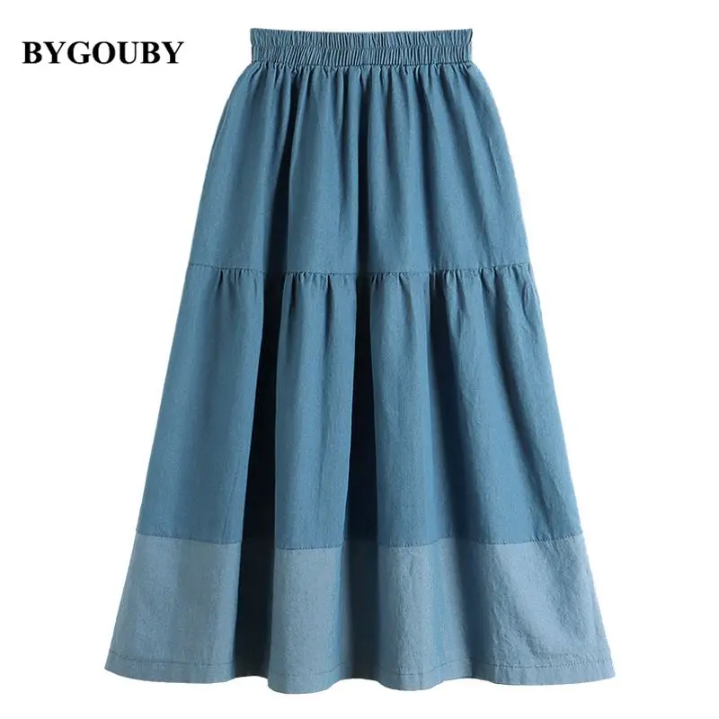 Женская джинсовая юбка-макси с высокой талией и оборками |