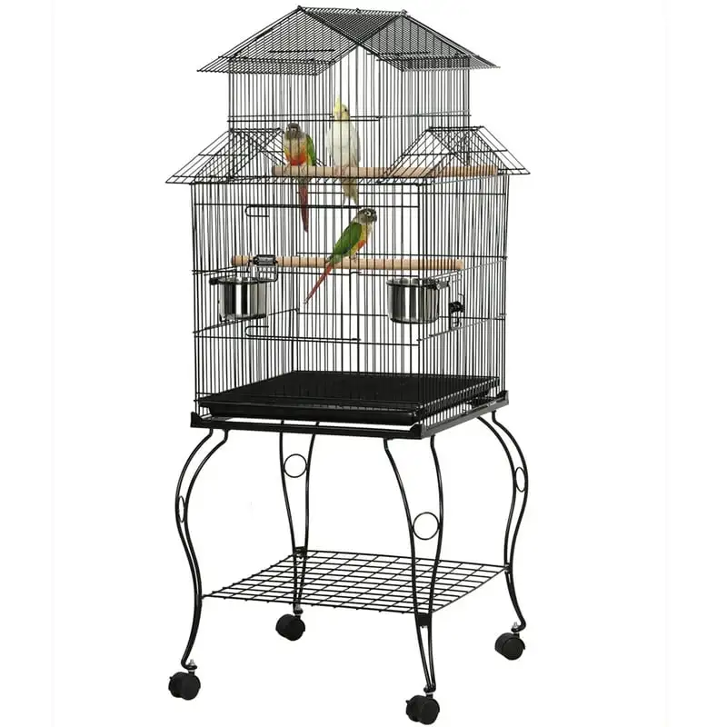 

Metal Rolling Bird Cage with Triple Roof Detachable Stand for Birds Finches Lovebirds Canaries Cockatiels Conures Parakeets, Bla