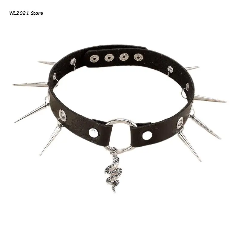 

Vintage Gothic PU Leather Snake Pendant Choker Rivets Pendant Necklaces Black Clavicle Chain for Women Girls Birthday