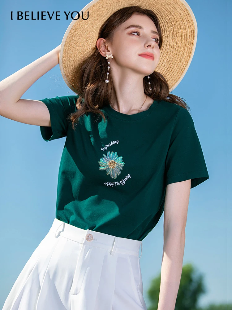 

I BELIEVE YOU Summer Cool Tech Ice Sequin T-shirts Gentle Slim Fit Embroidery Oneck Short Sleeve Cotton Woman Clothes 2222014368