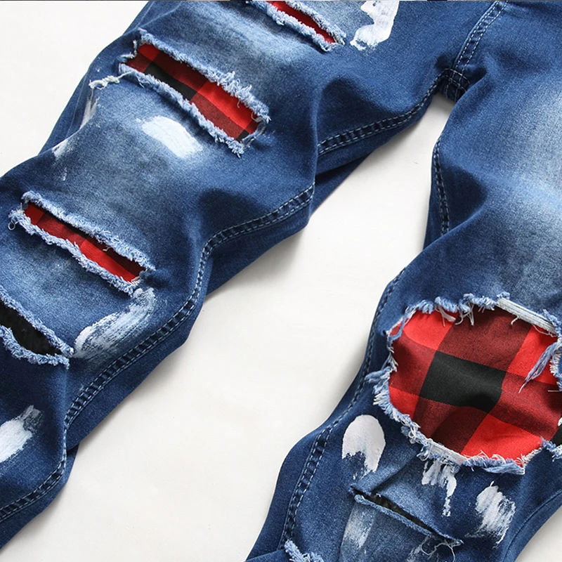 Men's Skinny Ripped Jeans Plaid Patchwork Denim Trousers Hip-Hop Print Jogging Pencil High Quality Denim Men Pants