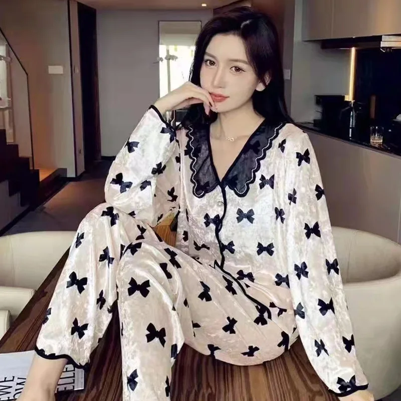 

Золотая Бархатная Пижама для женщин с длинным рукавом милый женский пижамный комплект осень-зима с бантом Женская одежда для сна