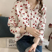 2022 spring new women chic chrry floral printed long sleeve shirts vintage loose casual blouse