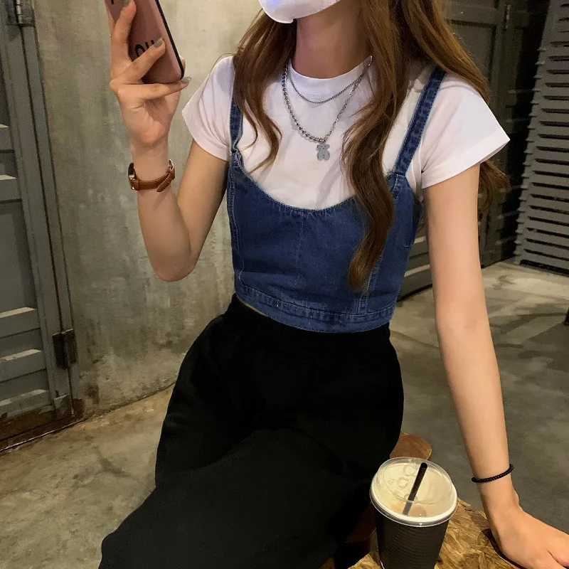 Модный женский джинсовый укороченный топ с высокой талией утягивающий жилет