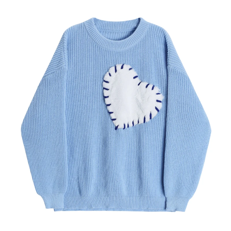 

Pullover Heart Embroidery Women Retro Sweaters Harajuku Simple Style O-neck Knitwear Long Sleeve Winter Fall Basic Femme Sweater
