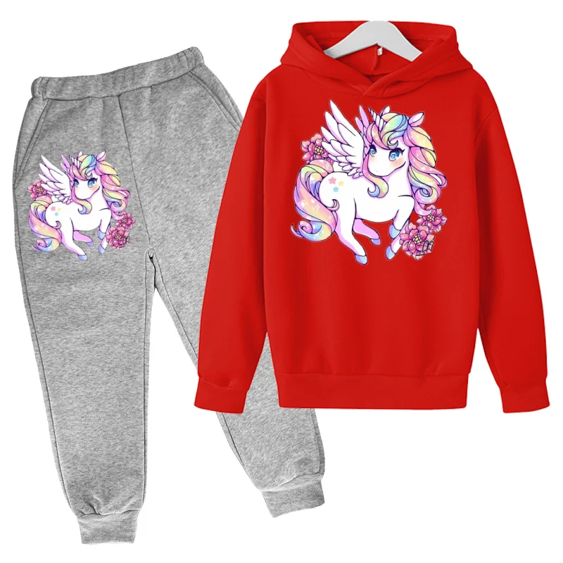 New Unicorn Red Girls Hoodie Set Top + Trousers 2P Sportswear Spring and Autumn Warm Girls Princess Children's Clothing Fashion