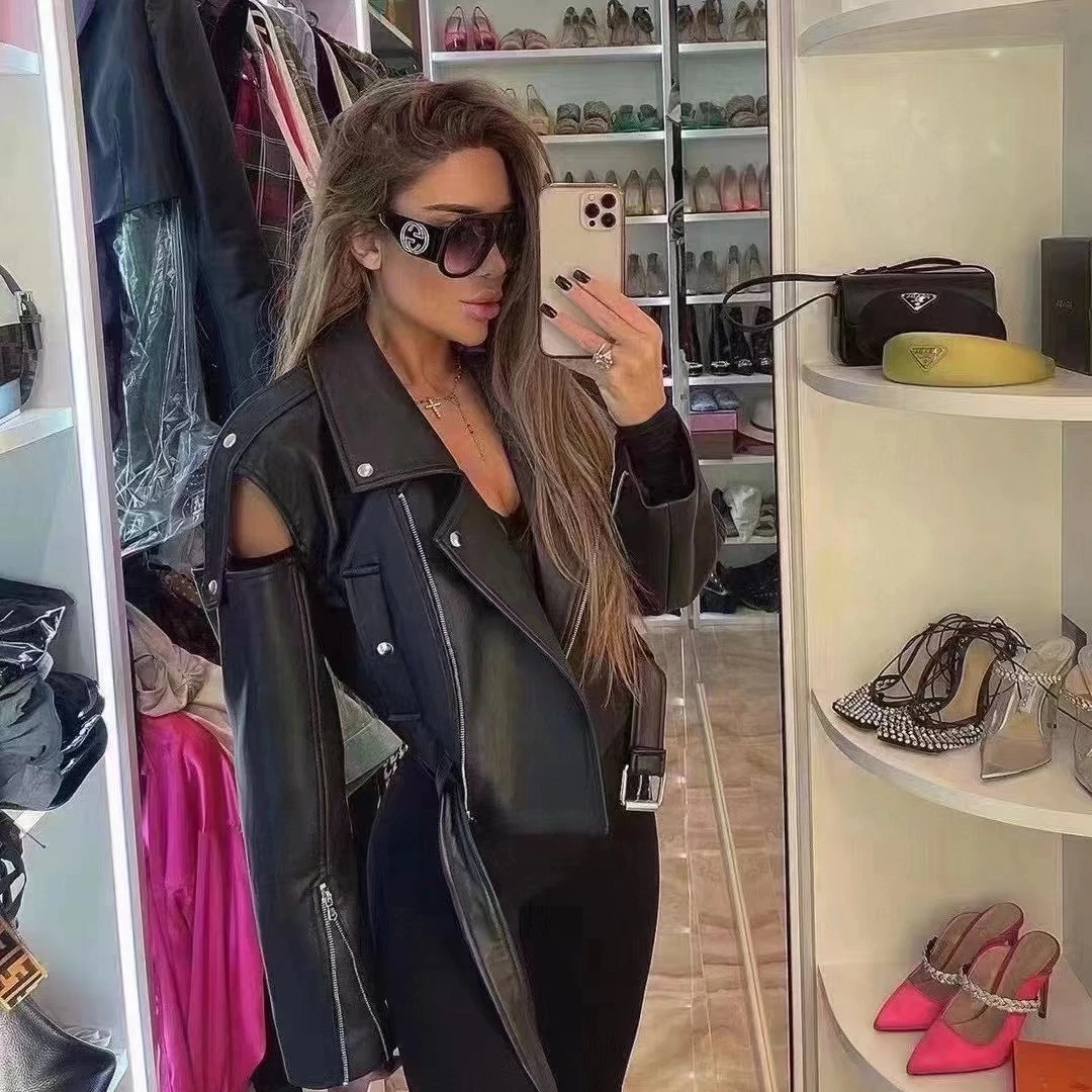 

Cropped Biker Jacket Women 2023 Autumn Fashion Short Washed PU Leather Casual Motorcycle Streetwear Coat Belt Zipper For Femail