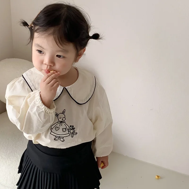 

4573C Korean Girl's Shirt 2023 Spring New Lapel Cartoon Long Sleeve Shirt Cute White Blouse 1-9Year Kid's Blouse Tops