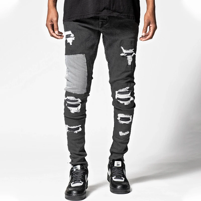 Men Ripped Skinny Jeans Autumn Winter European Burst Style Ripped Fabric Small Foot Denim Streetwear Pants Patchwork Jeans Men