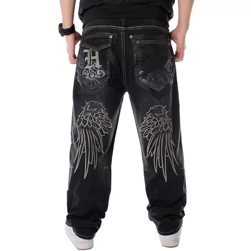 

Men Street Dance Wide Legs Baggy Jeans Fashion Embroidery Black Loose Board Denim Pants Male Rap Hip Hop Jeans Plus Size 30-46