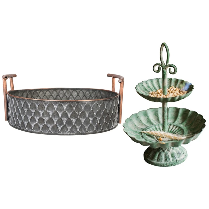 

1 Pcs Handcrafted Round Antique Decorative Trays With Handles & 1 Pcs 2-Tiered Vintage Metal Tray Jewelry Display Plate