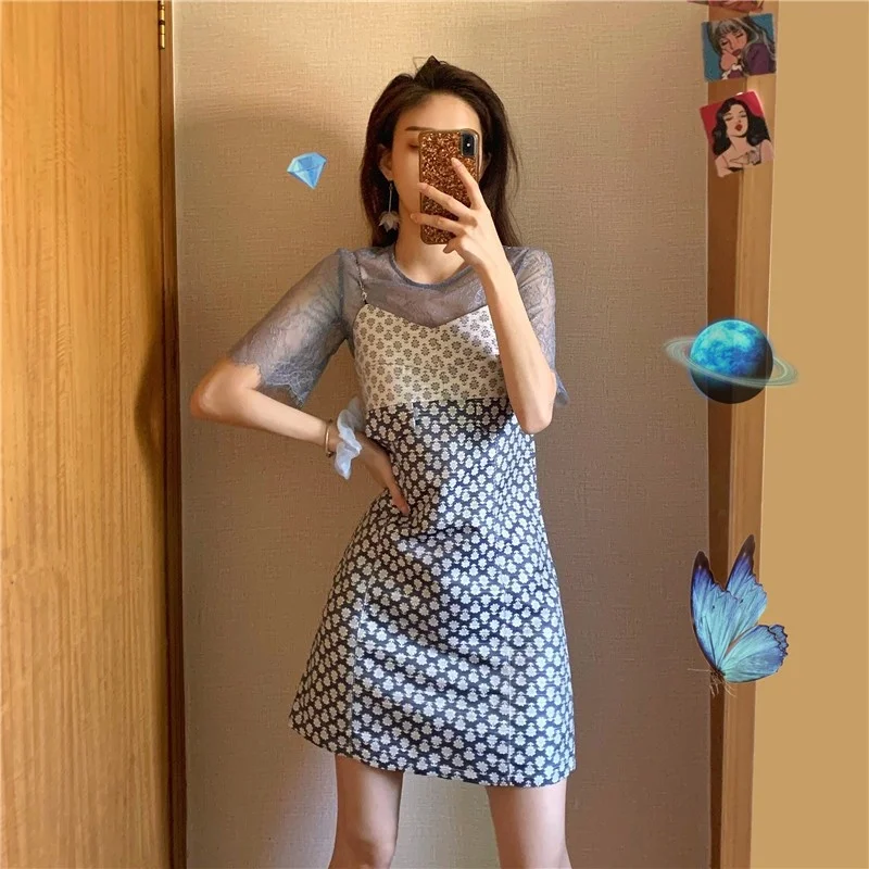 

[Pet powder welfare]Gentle Style Celebrity Temperament Fragmented Flower Dress 2023 New Summer Two Piece Splice Short Women