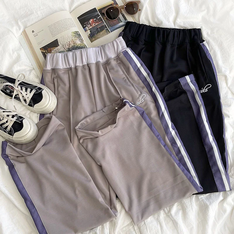 

Letter Embroidery Color Block Stripe Elastic High Waist Drawstring Pant Khaki Black Summer Women Long Pant