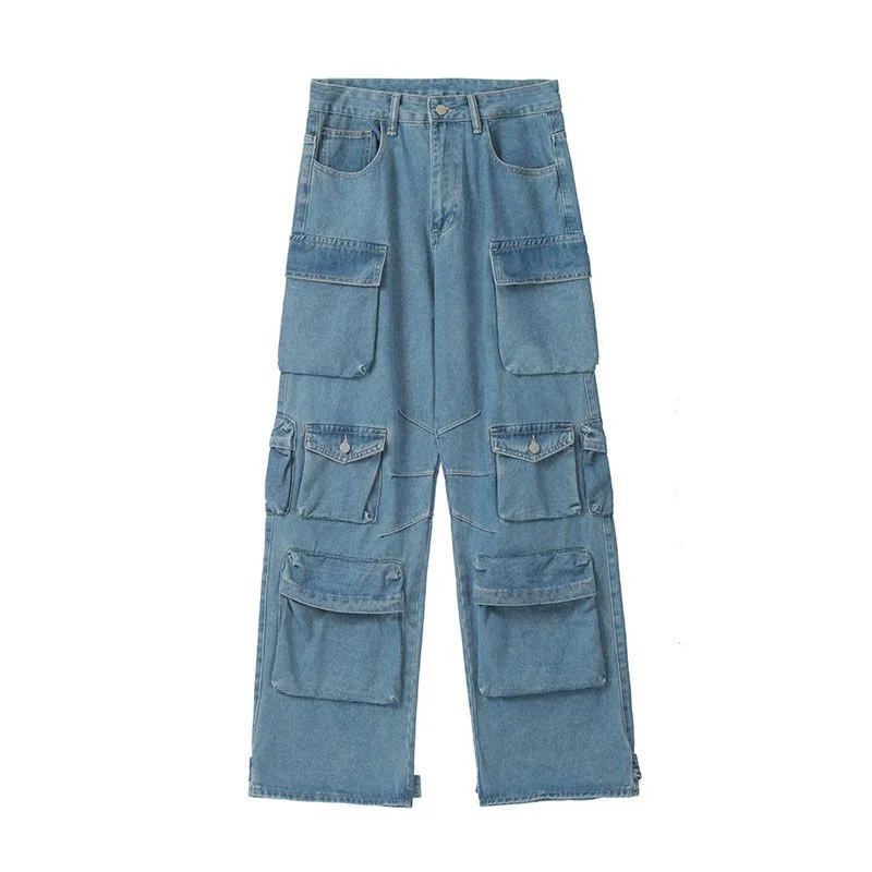 Antique Jeans Women's Y2K Street Hip-Hop Wide-Leg Straight Overalls Couples Multi-Pocket Casual Slacks Unisex Trend Joker Jeans