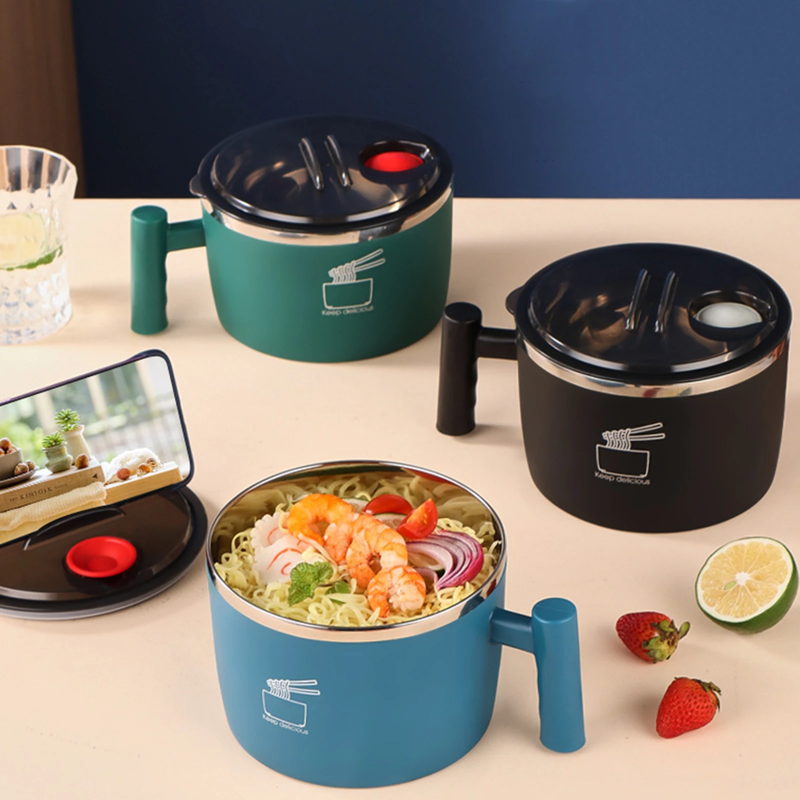 

Cute Stainless Steel Ramen Bowl with Lid Instant Noodle Bowl with Handle Soup Kawaii Cereal Anti-Scald