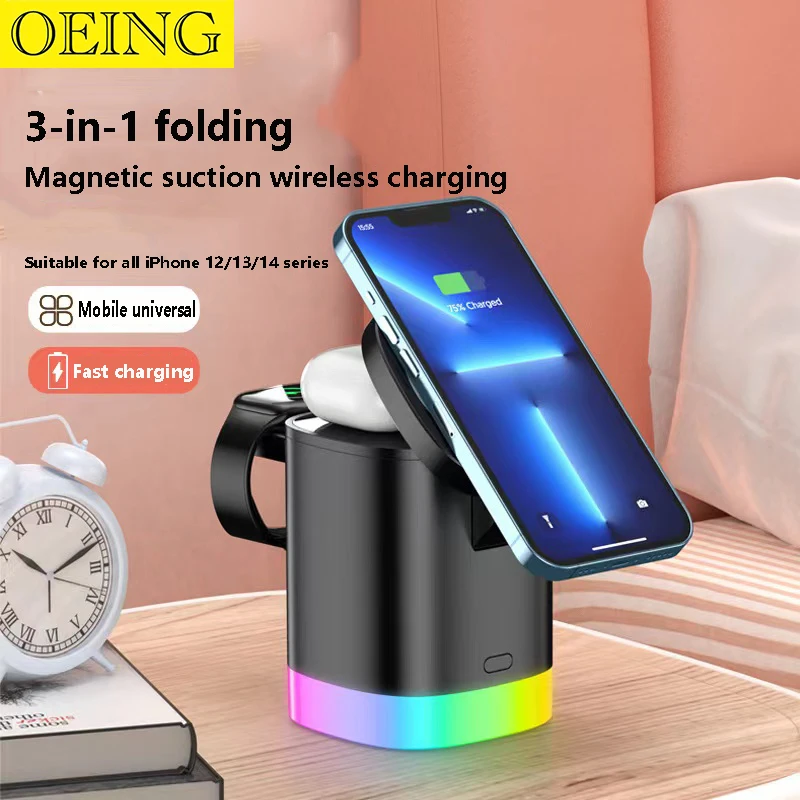 

RGB Lighting Magnetic 3 in 1 Wireless Charger for iPhone 12 13 14 15 Pro Max Fast Charging Station for Apple Watch AirPods Pro 2