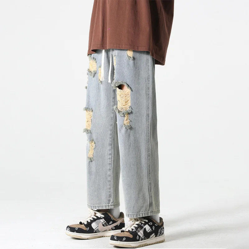 DEEPTOWN Vintage Ripped Jeans Men Retro Distressed Denim Trousers Male Hole Pants Punk Loose Casual Streetwear Hip Hop Spring