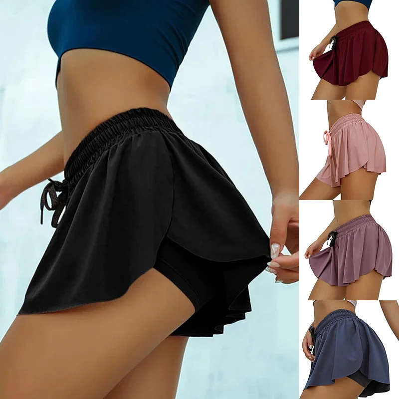 Women Summer Chiffon Loose Shorts Elastic Waist Fake Two Piece Pants Skirt Beach Yoga Sports Casual Short Skirt Fitness Shorts