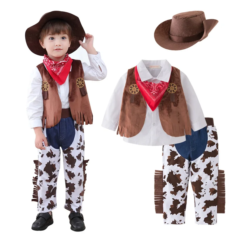

Baby Boys Cowboy Carnival Clothes Set Sunsuit Cotton Shirt Long Pants Scarf Hat 5Pcs Kids Children Outfit Suit Halloween Costume