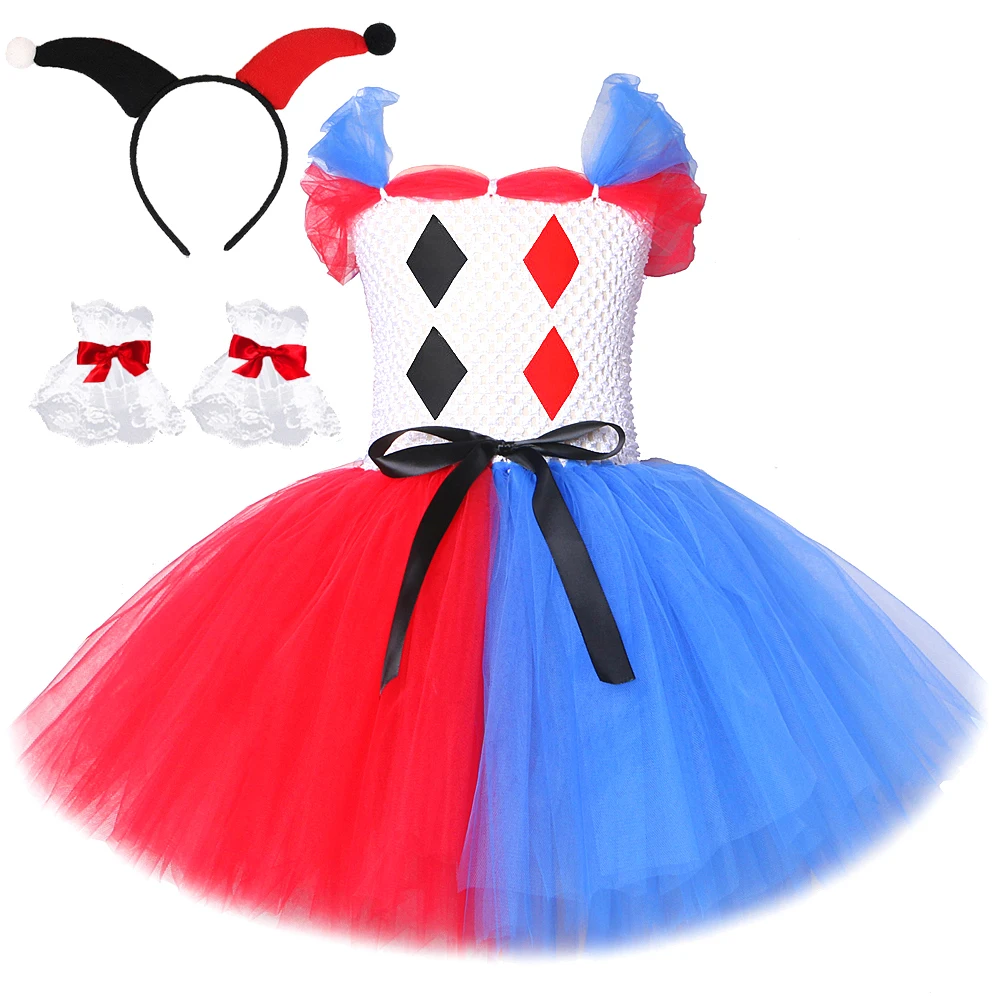 

Jester Clown Inspired Girls Tutu Dress For Villain Halloween Cosplay Costume Kids Pageants Purim Party Fancy Ball Gown Vestidos