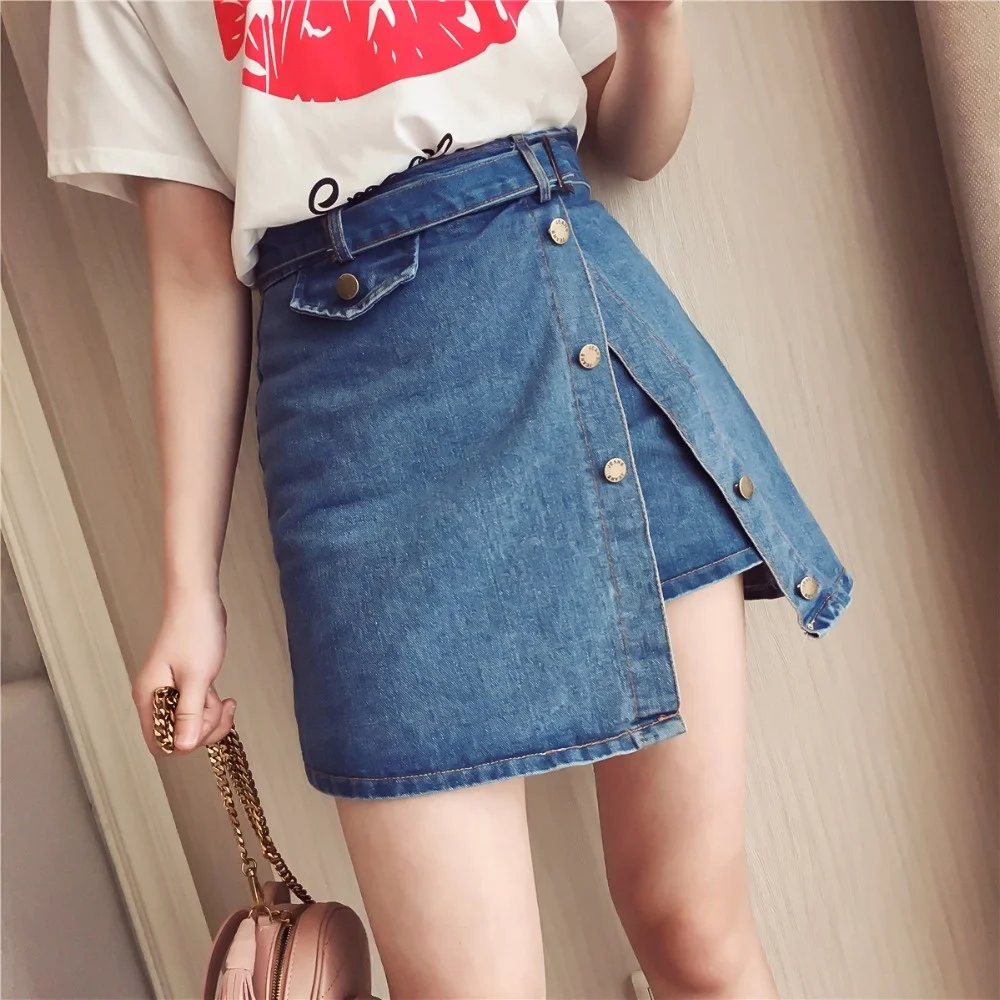 

Harajuku Summer Jeans Women Solid High waist Loose Denim A-Line Short skirts Female Split joint Casual Skirt LX105