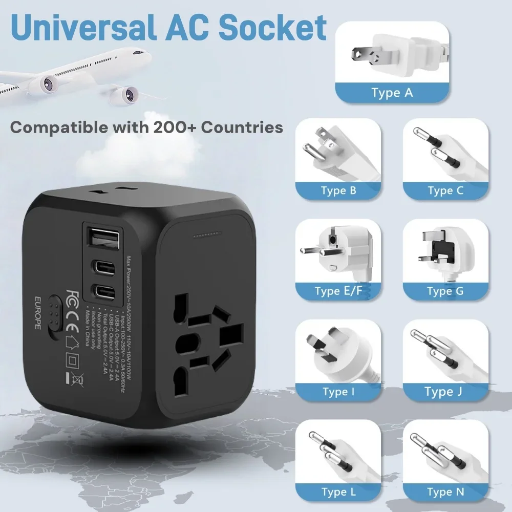 Многофункциональный адаптер 220В на 5В с разъемом USB Type-C, многоконтактный с USB-зарядкой, универсальный дорожный адаптер для ЕСВеликобританииСША. (art.: 3920dcd918730) - 3920dcd918730