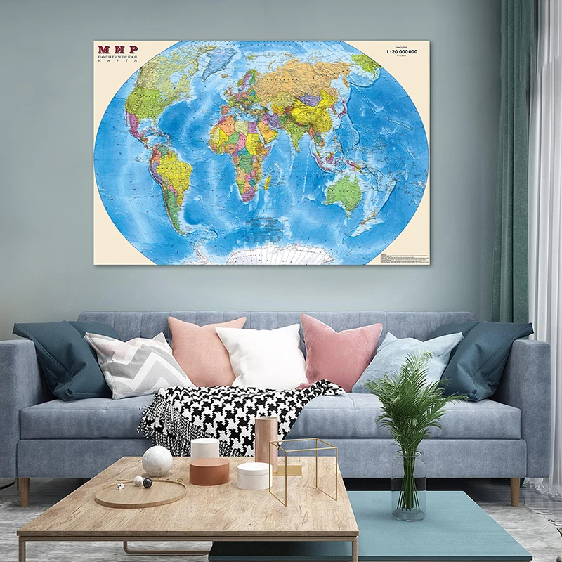 

120*80cm The World Political Map In Russian Decorative Canvas Painting Wall Unframed Poster Home Decoration School Supplies