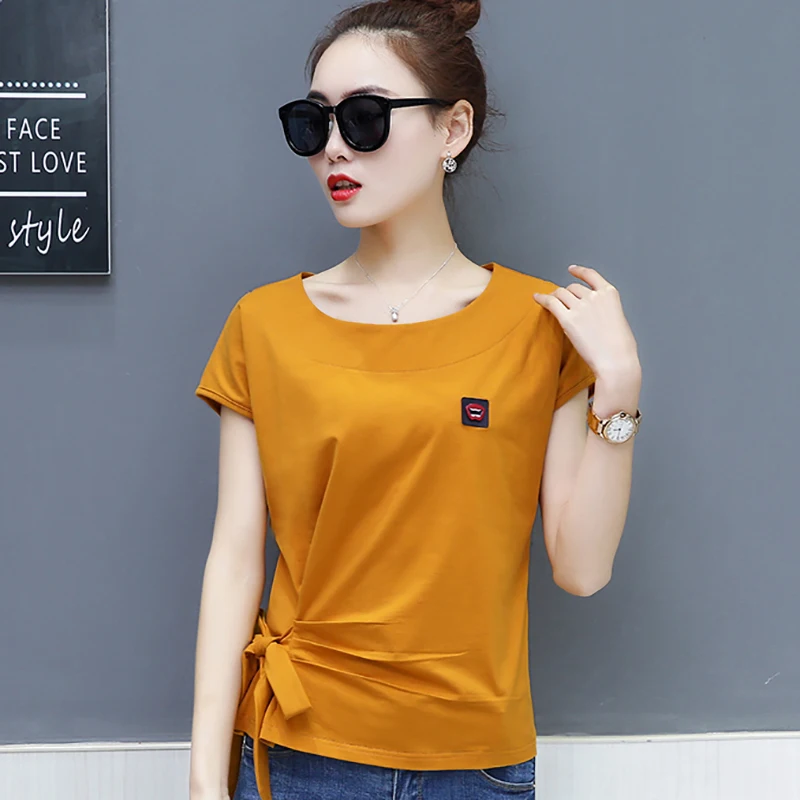 202I летняя хлопковая белая футболка женские корейские модные топы на шнуровке с