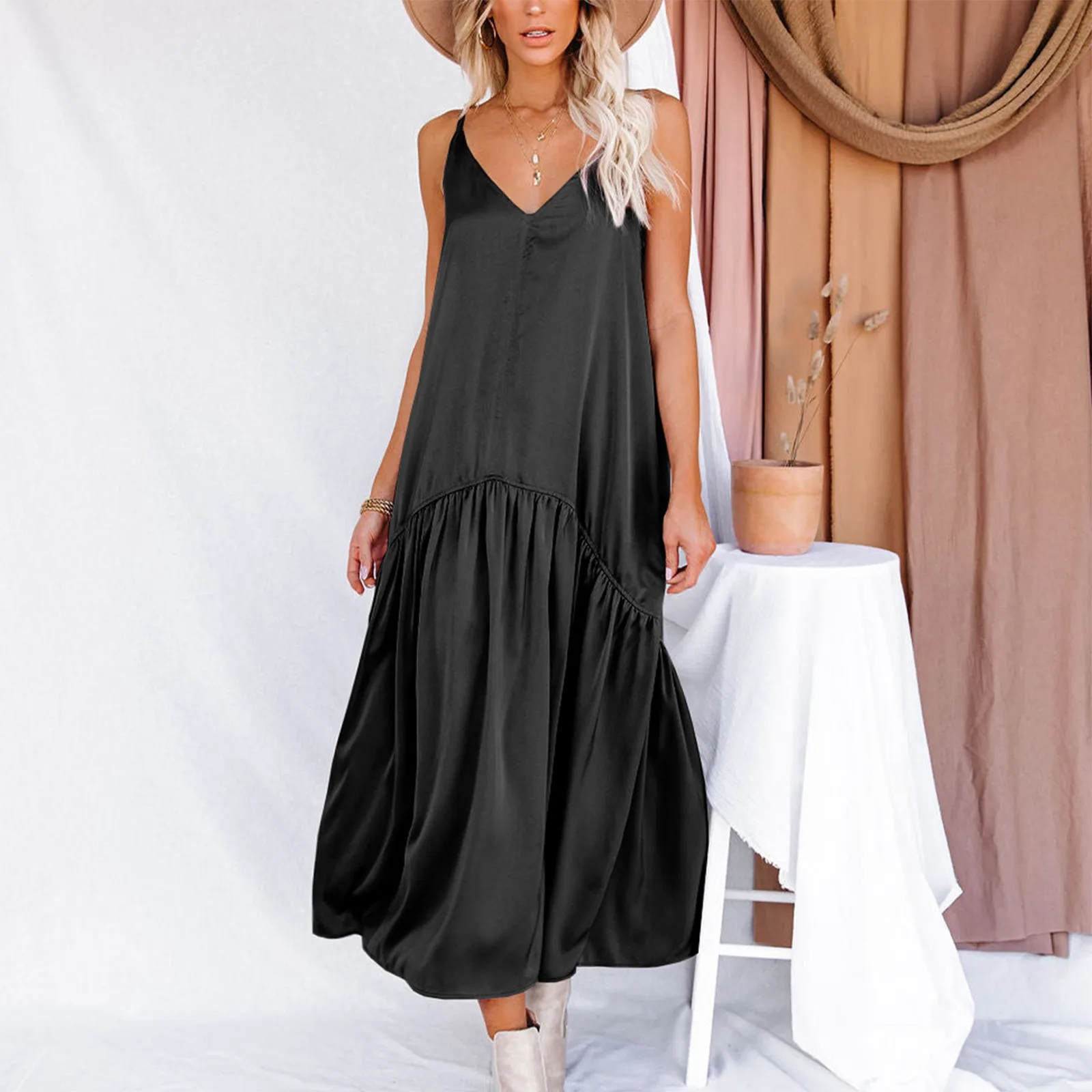 

Женское свободное платье, однотонное платье без рукавов, сексуальное платье с V-образным вырезом, модные летние платья для женщин 2023